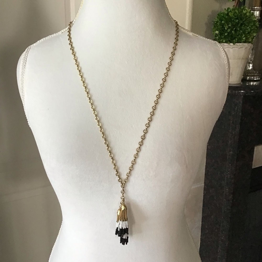 J.Crew Tassel Necklace Gold Tone Chain Black White Seed Bead Fringe Boho Chic - Picture 2 of 14